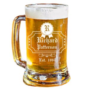 personalized 16.oz beer mug | badge design | clear glass | custom made | perfect for wedding gifts, anniversaries, birthday gifts, home warming gifts or graduation
