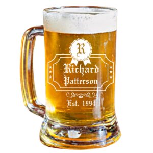 Personalized 16.oz Beer Mug | Badge Design | Clear Glass | Custom Made | Perfect for wedding gifts, anniversaries, birthday gifts, home warming gifts or graduation