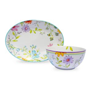 charlotte collection 15" oval platter and 9" fruit/vegetable bowl, multicolor watercolor floral/garden design, 2 piece stoneware serving set
