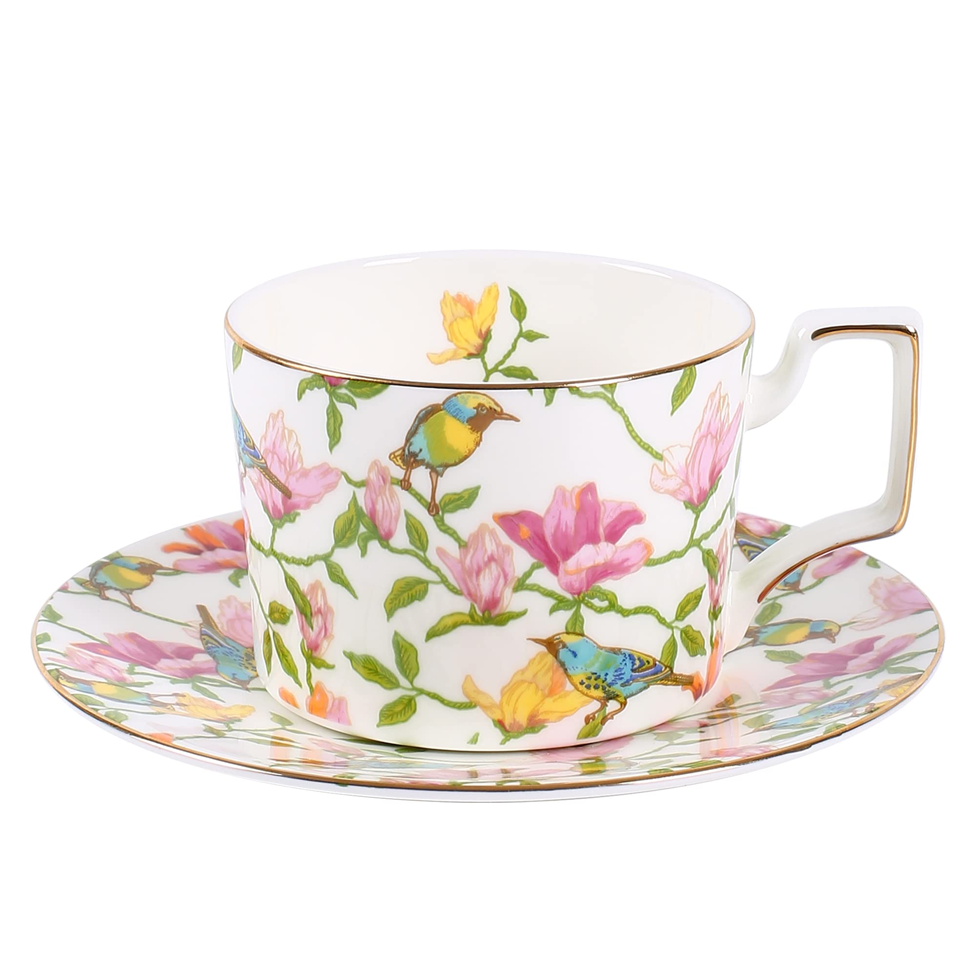 9 Ounces Teacup and Saucers Set Vintage Floral Tea Cups Set Bone China TeaCups Coffee Tea Cup for Tea Party Women Mom (White)