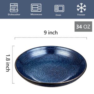 vicrays Ceramic Pasta Bowls Set, 34 Ounce Large Ripple Salad Bowls, Wide and Shallow, Chip Resistant, Dishwasher Microwave Safe, stoneware Bowls for Kitchen, Serving Bowls, Set of 4 (Blue)