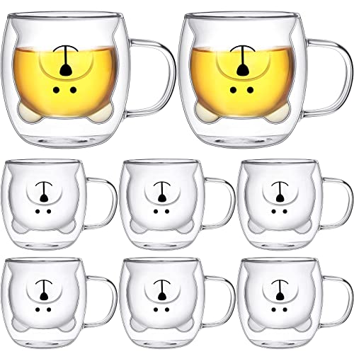 8 Pcs Cute Bear Mugs Bear Tea Cup 8.5 oz Double Wall Glass Milk Coffee Bear Mug with Handle Insulated Glass Espresso Cups Glass Birthday Gift for Women Men Valentine's Day Office