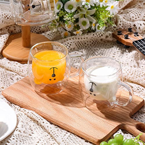 8 Pcs Cute Bear Mugs Bear Tea Cup 8.5 oz Double Wall Glass Milk Coffee Bear Mug with Handle Insulated Glass Espresso Cups Glass Birthday Gift for Women Men Valentine's Day Office