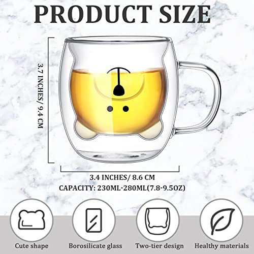 8 Pcs Cute Bear Mugs Bear Tea Cup 8.5 oz Double Wall Glass Milk Coffee Bear Mug with Handle Insulated Glass Espresso Cups Glass Birthday Gift for Women Men Valentine's Day Office