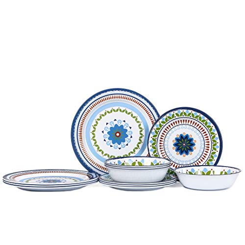 Melamine Dinnerware Set-12 Piece Melamine Plates and Bowls Sets,Service for 4,Outdoor and Indoor Use,Unbreakable, Dishwasher Safe,Rustic Blue