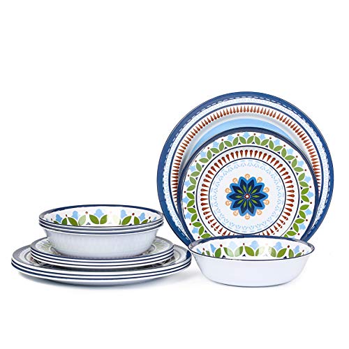 Melamine Dinnerware Set-12 Piece Melamine Plates and Bowls Sets,Service for 4,Outdoor and Indoor Use,Unbreakable, Dishwasher Safe,Rustic Blue