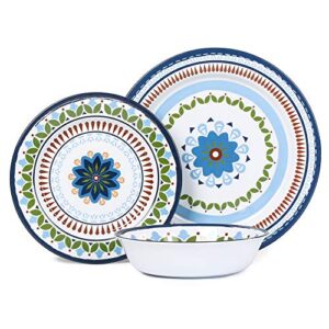 Melamine Dinnerware Set-12 Piece Melamine Plates and Bowls Sets,Service for 4,Outdoor and Indoor Use,Unbreakable, Dishwasher Safe,Rustic Blue