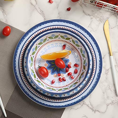 Melamine Dinnerware Set-12 Piece Melamine Plates and Bowls Sets,Service for 4,Outdoor and Indoor Use,Unbreakable, Dishwasher Safe,Rustic Blue