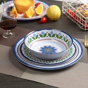 Melamine Dinnerware Set-12 Piece Melamine Plates and Bowls Sets,Service for 4,Outdoor and Indoor Use,Unbreakable, Dishwasher Safe,Rustic Blue