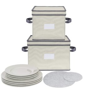 Chapman & Grand Plate Storage Chests (2-Piece Set), Dinnerware Protective Container Box for Dinner, Salad or Dessert Plates (Light Beige-Gray)