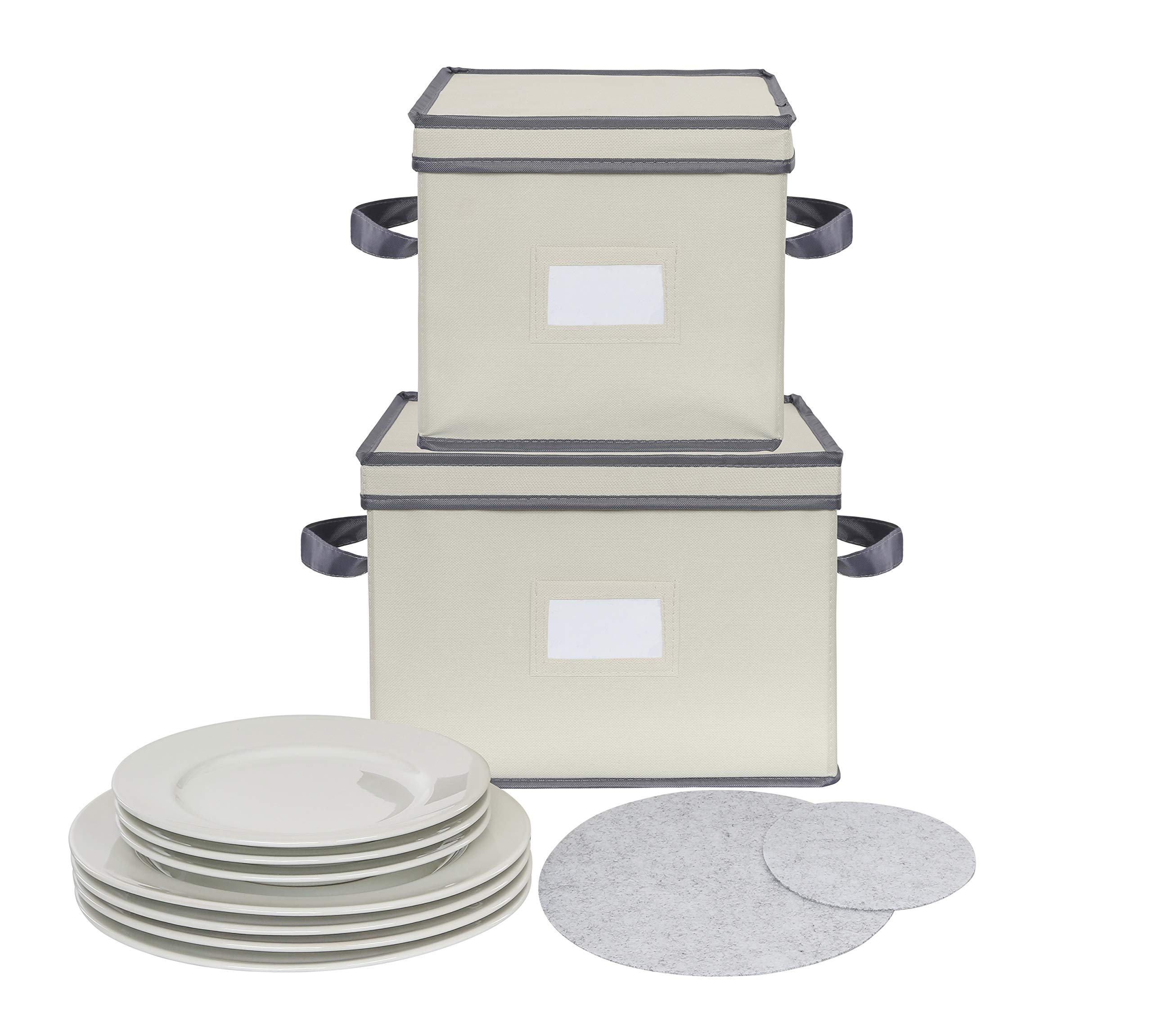 Chapman & Grand Plate Storage Chests (2-Piece Set), Dinnerware Protective Container Box for Dinner, Salad or Dessert Plates (Light Beige-Gray)