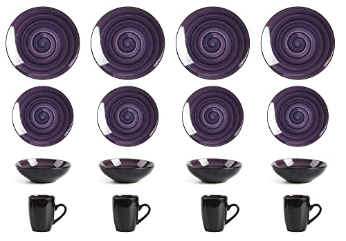 HomeVss, Stoneware Sonoma 16pc Dinnerware Set, Black + Speckled Spin Wash Purple, 16pc Set