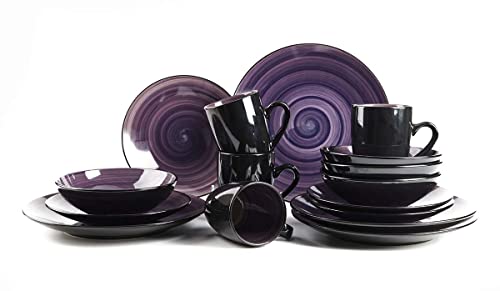 HomeVss, Stoneware Sonoma 16pc Dinnerware Set, Black + Speckled Spin Wash Purple, 16pc Set