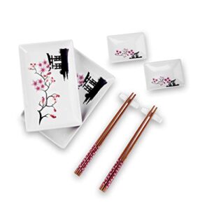 panbado 8 pcs sushi plate set, porcelain sushi sets japanese style, gift box include 2 x sushi plates(240 ml), 2 x dip bowls(60 ml), 2 x chopstick rest, 2 pairs of bamboo chopsticks