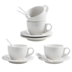 xufeng 8oz cappuccino cups set of 4 with saucer white porcelain for latte, mocha,tea espresso cafe with porcelain spoon