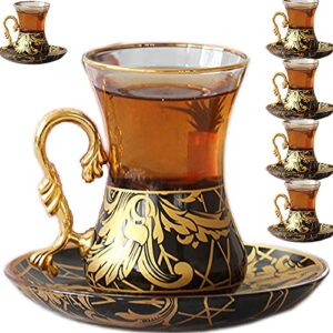 vissmarta gold vintage turkish tea glasses cups and saucers set of 6 drinking glassware party adults fancy serving coffee tray drinks kettle women christmas gift teacup handle moroccan drinkware rim