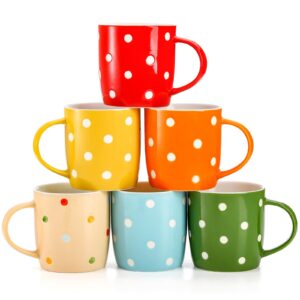 elsjoy 6 pack polka dot coffee mugs, 12 oz ceramic coffee mugs colorful porcelain mug set for coffee, tea, milk, hot chocolate