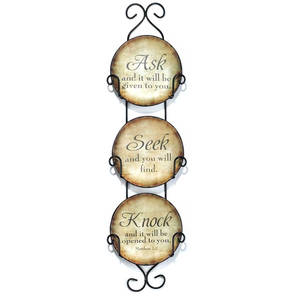 Dicksons Ask, Seek, Knock Ceramic Mini Wall Plates With Metal Display Rack, Set of 3