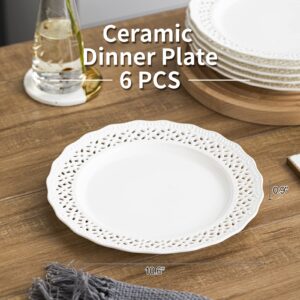 Magclay Ceramic Dinner Plates, Set of 6, 10.6 Inch Round Carved Plate, Scratch Resistant, Modern Dinnerware Dishes Set for Steak, Pasta, Party (White)