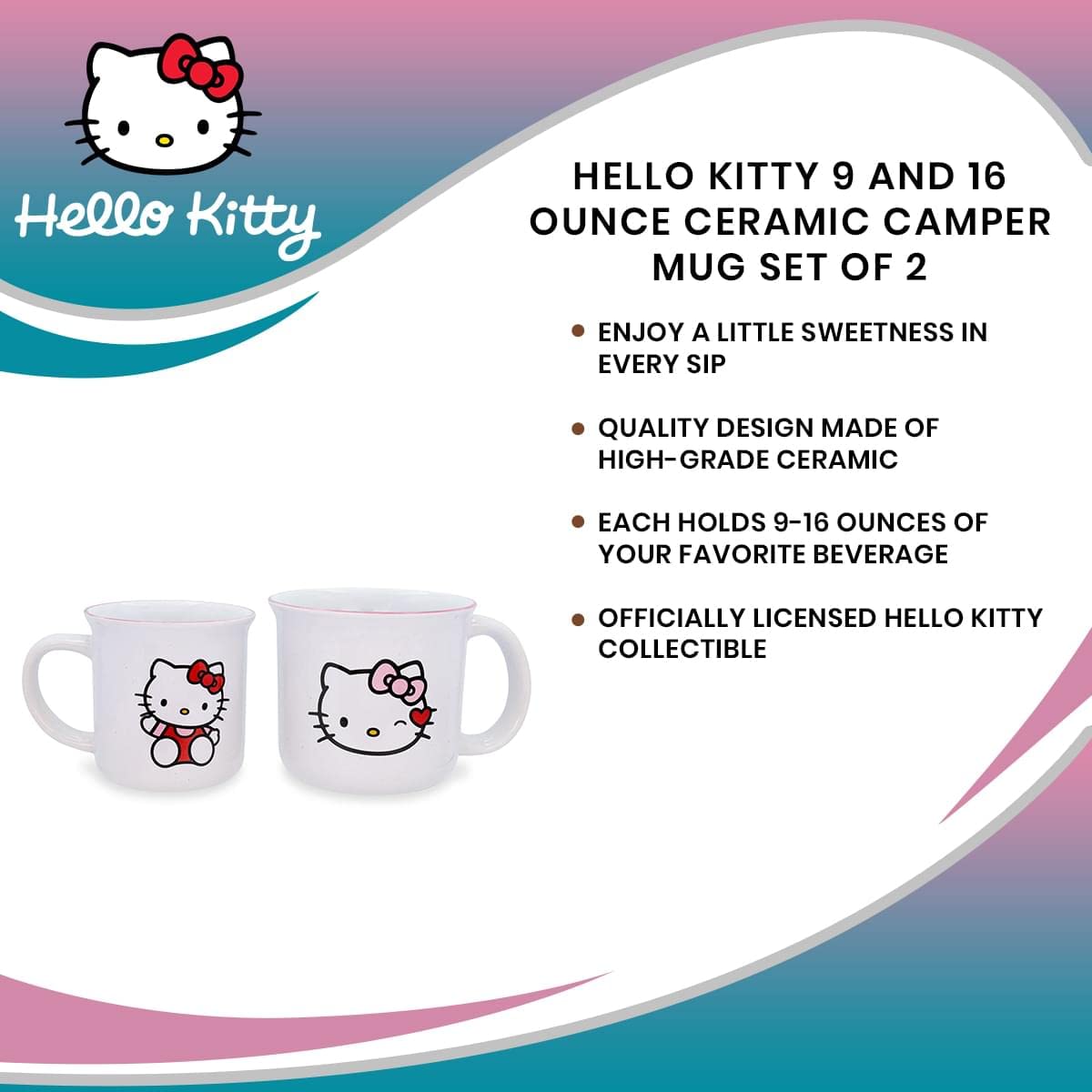 Toynk Hello Kitty 9 and 16 Ounce Ceramic Camper Mug Set of 2