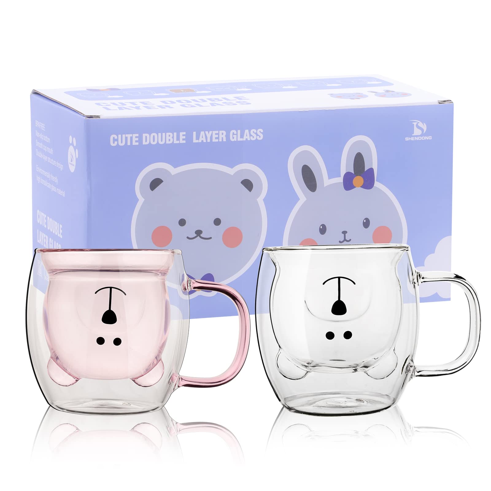 SHENDONG Cute Bear Mugs Set of 2 Cute Cups Bear Tea Coffee Cup with Handle 8.5oz Milk Cup Double Wall Insulated Glass Espresso Cups Glass Gift for Birthday Valentine's Day and Office (White Pink)