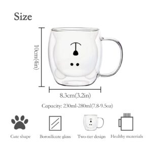 SHENDONG Cute Bear Mugs Set of 2 Cute Cups Bear Tea Coffee Cup with Handle 8.5oz Milk Cup Double Wall Insulated Glass Espresso Cups Glass Gift for Birthday Valentine's Day and Office (White Pink)