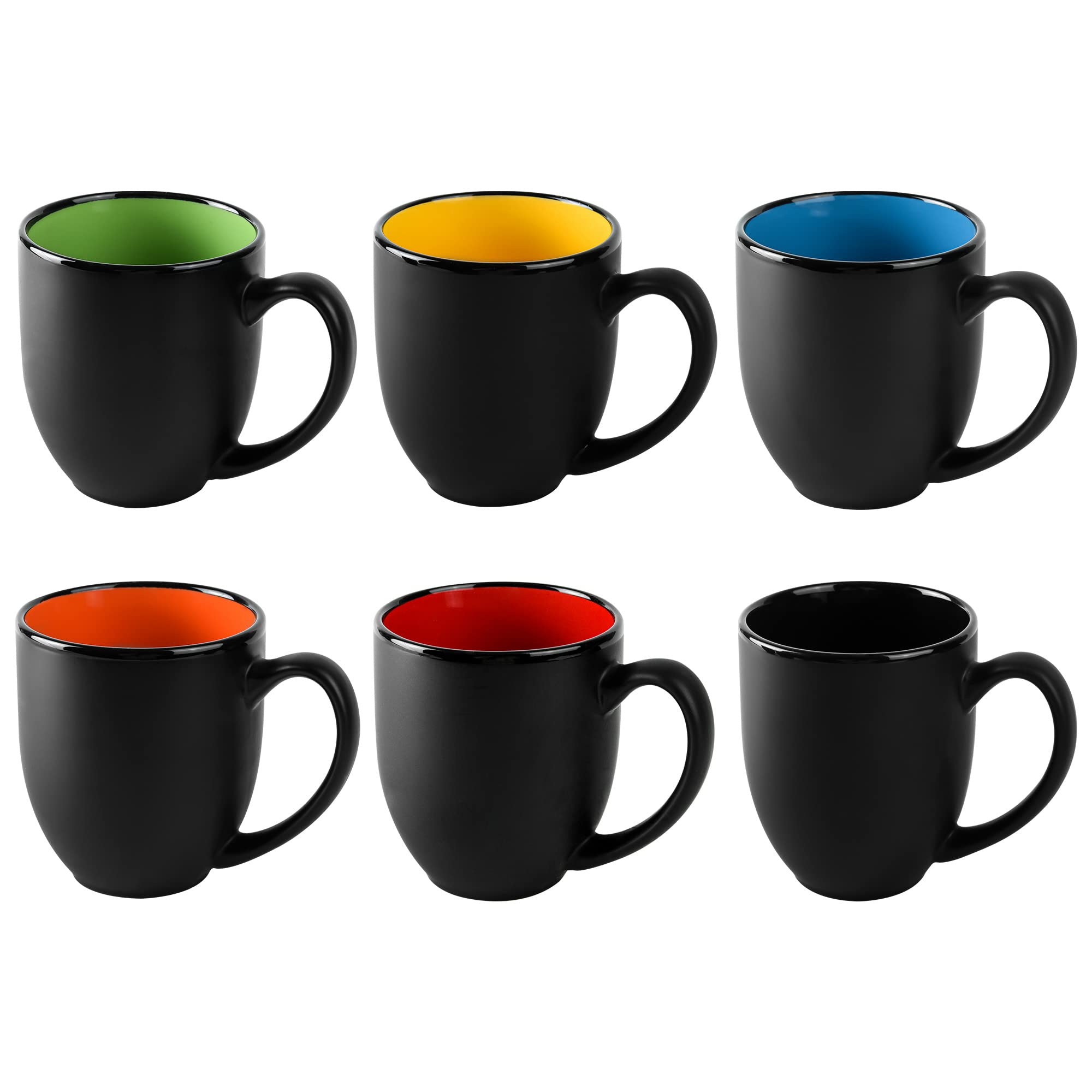 BYCNZB 16oz ceramic Coffee Mug Sets with Large Handles Matte Black Porcelain Mug Multiple colors Cups for Coffee, Tea, Juice, Cocoa Set of 6 (16oz)