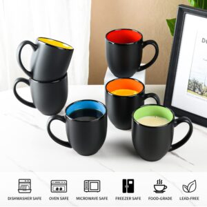 BYCNZB 16oz ceramic Coffee Mug Sets with Large Handles Matte Black Porcelain Mug Multiple colors Cups for Coffee, Tea, Juice, Cocoa Set of 6 (16oz)