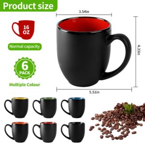 BYCNZB 16oz ceramic Coffee Mug Sets with Large Handles Matte Black Porcelain Mug Multiple colors Cups for Coffee, Tea, Juice, Cocoa Set of 6 (16oz)