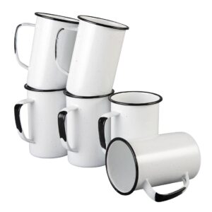 cinsa 6-piece 20 oz enameled steel mug set (speckled white) indoor/outdoor use, reusable, oven and fire-safe