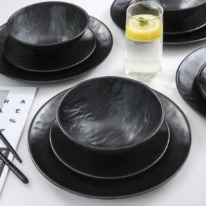 melamine dinnerware sets - 12pcs plates and bowls sets, dishes plates set, outdoor and indoor use,frosted surface, black