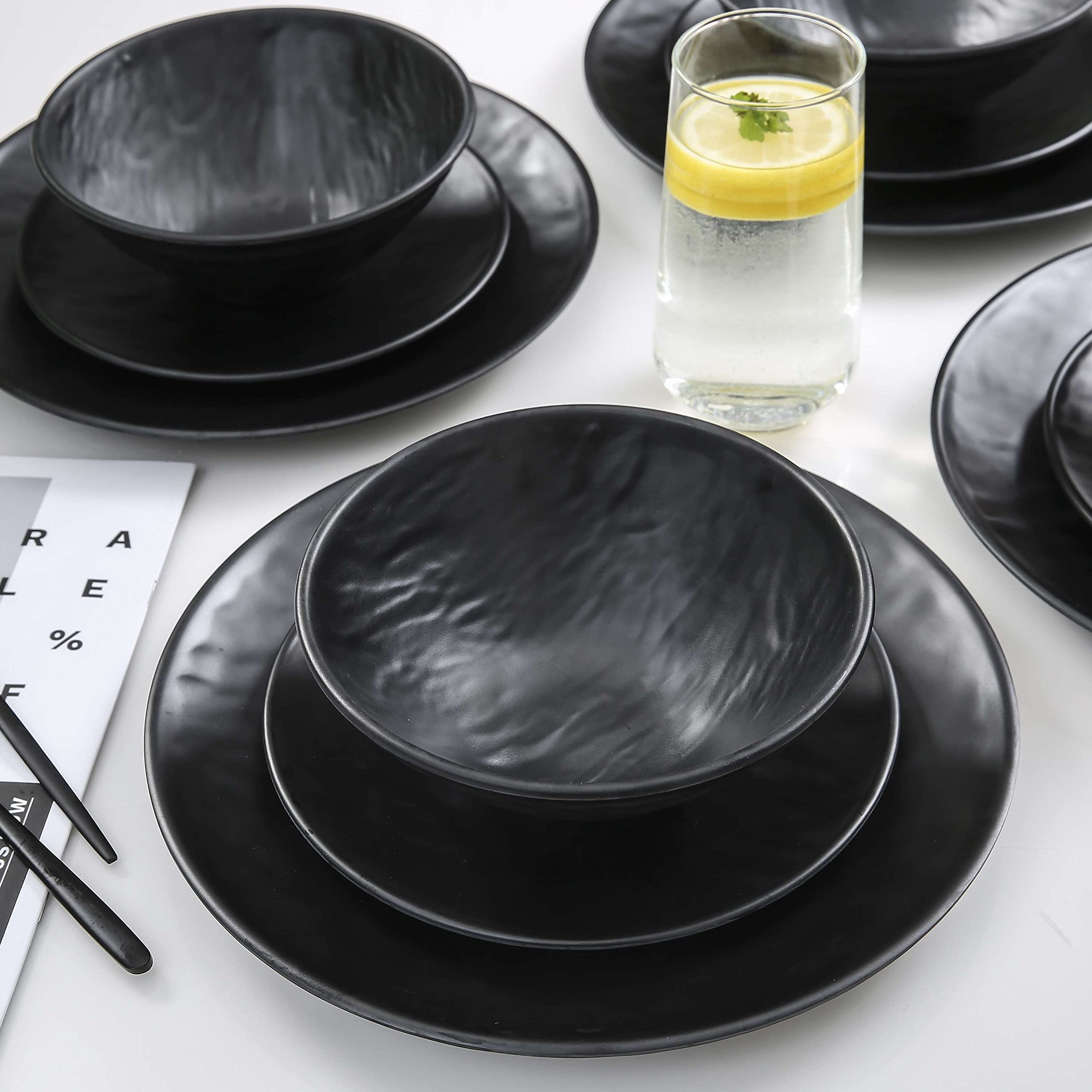 Melamine Dinnerware Sets - 12pcs Plates and Bowls Sets, Dishes Plates Set, Outdoor and Indoor Use,Frosted surface, Black