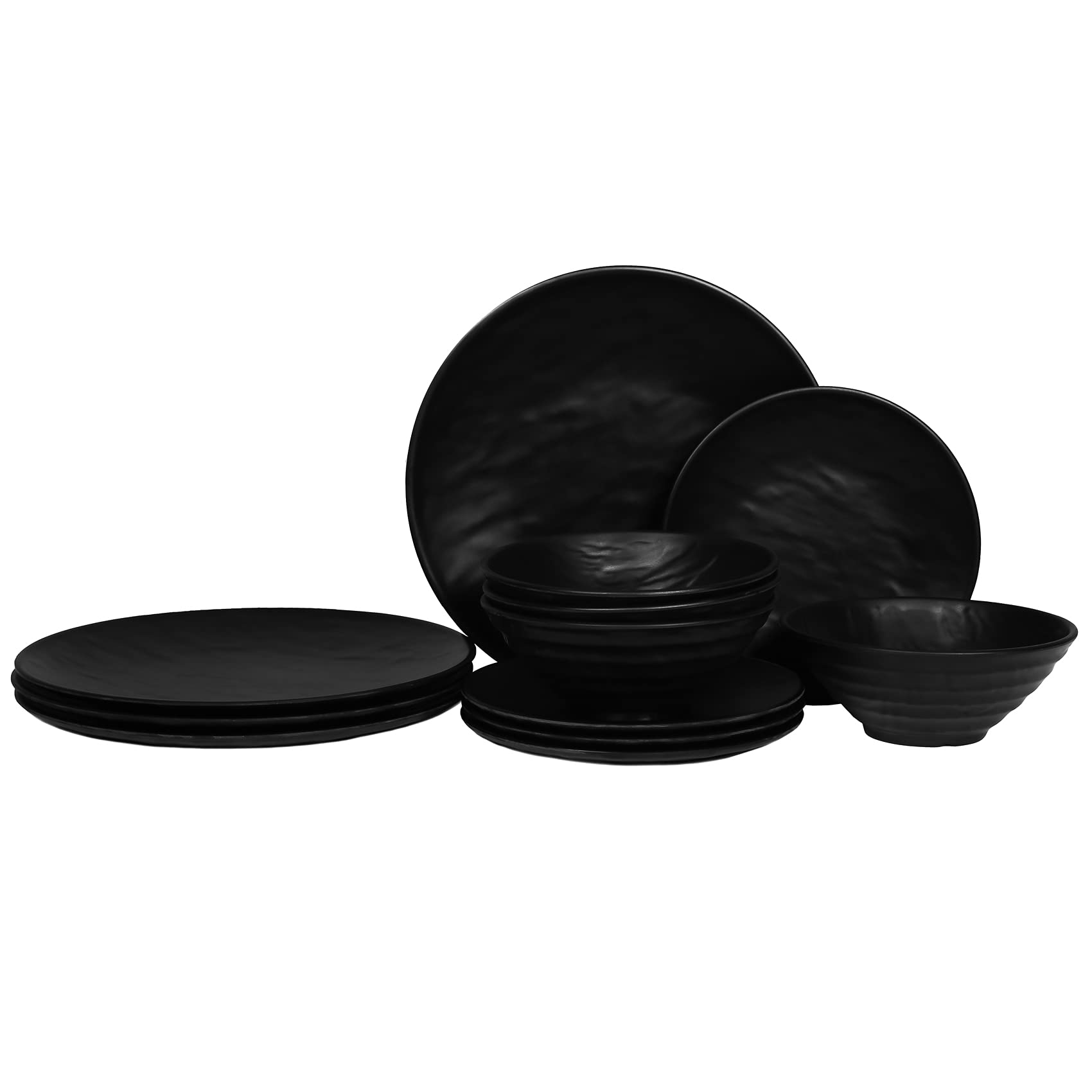 Melamine Dinnerware Sets - 12pcs Plates and Bowls Sets, Dishes Plates Set, Outdoor and Indoor Use,Frosted surface, Black