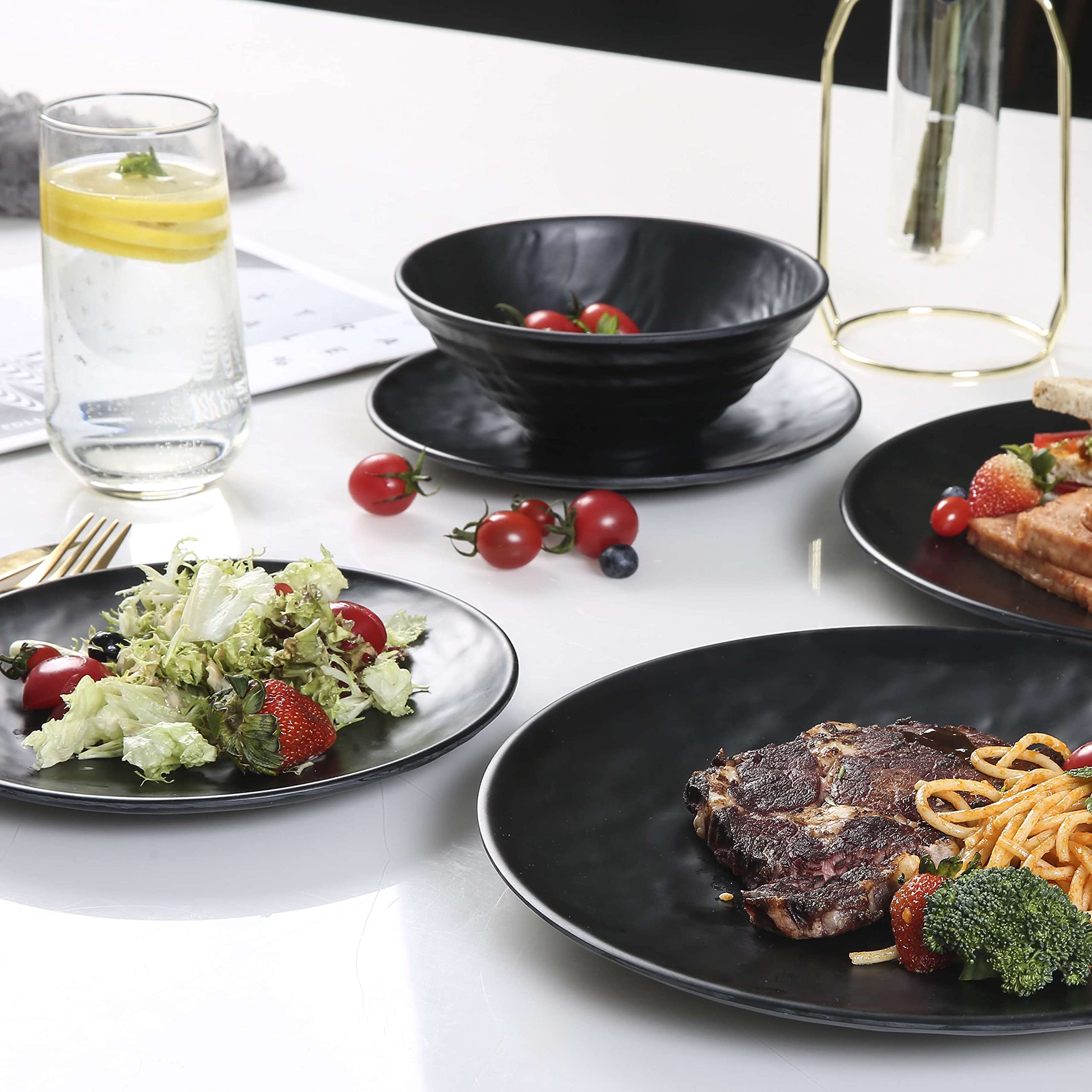 Melamine Dinnerware Sets - 12pcs Plates and Bowls Sets, Dishes Plates Set, Outdoor and Indoor Use,Frosted surface, Black