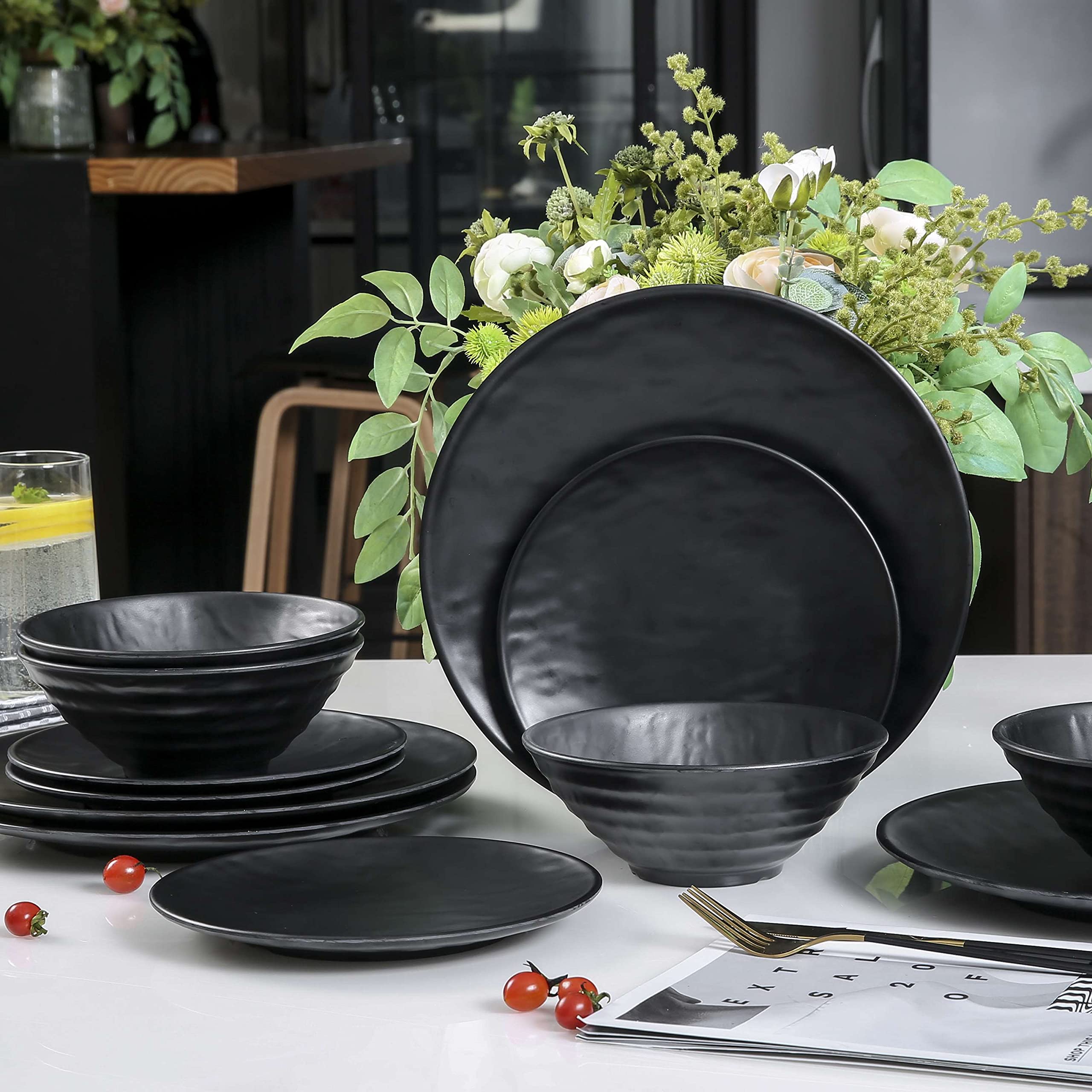 Melamine Dinnerware Sets - 12pcs Plates and Bowls Sets, Dishes Plates Set, Outdoor and Indoor Use,Frosted surface, Black