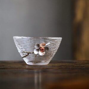 zenation japanese hammered glass exquisite -set of 2 tea cups/sake cups, with tin and copper plum blossom decoration-a, 2.3 fluid ounces