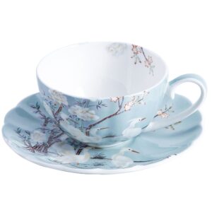 ufengke 8oz blue fine bone china coffee cup with saucer, white flowers, white crane porcelain tea cup and saucer