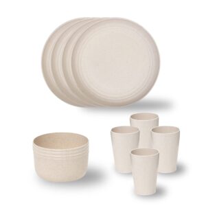stephan roberts wheatstraw dinnerware set, eco-friendly wheatstraw dinner set, dishes set for 4, includes plates, bowls & cups, reusable unbreakable dishware set, cream, 12pc dinner set