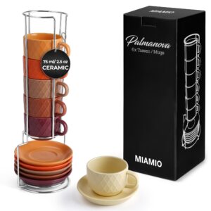 miamio - 6 x 2.5 oz stoneware espresso mug, cup set modern with stand and saucers - palmanova collection (magma red)