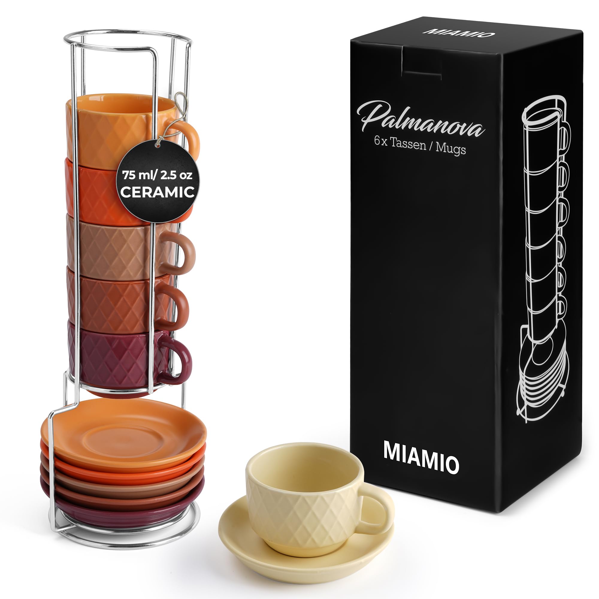 MIAMIO - 6 x 2.5 oz Stoneware Espresso Mug, Cup Set Modern with Stand and Saucers - Palmanova Collection (Magma Red)