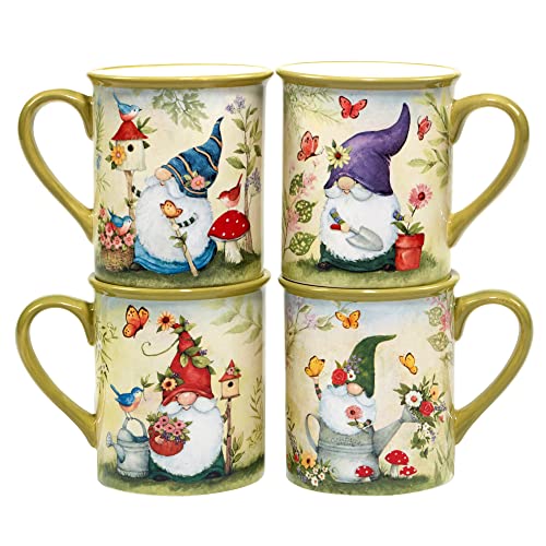 Certified International Garden Gnomes 18 oz. Mugs, Set of 4 Assorted Designs