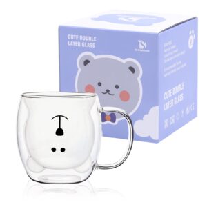 shendong cute bear mugs cute cups bear tea coffee cup with handle 8.5oz milk cup double wall insulated glass espresso cups glass gift for personal birthday valentine's day and office