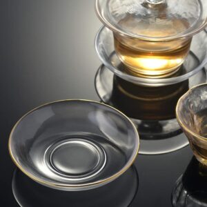 Wowagoga 9 Pcs Small Random Round Glass Saucer Plate Tea Cup Saucer Set for Teacups Coffee Mugs Dessert(82-100mm,Transparent/Gold)