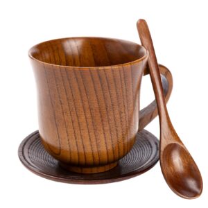 oryougo handmade wooden coffee mug cup spoon coaster set,eco friendly serving tableware flatware set for office desk drink coffee or tea