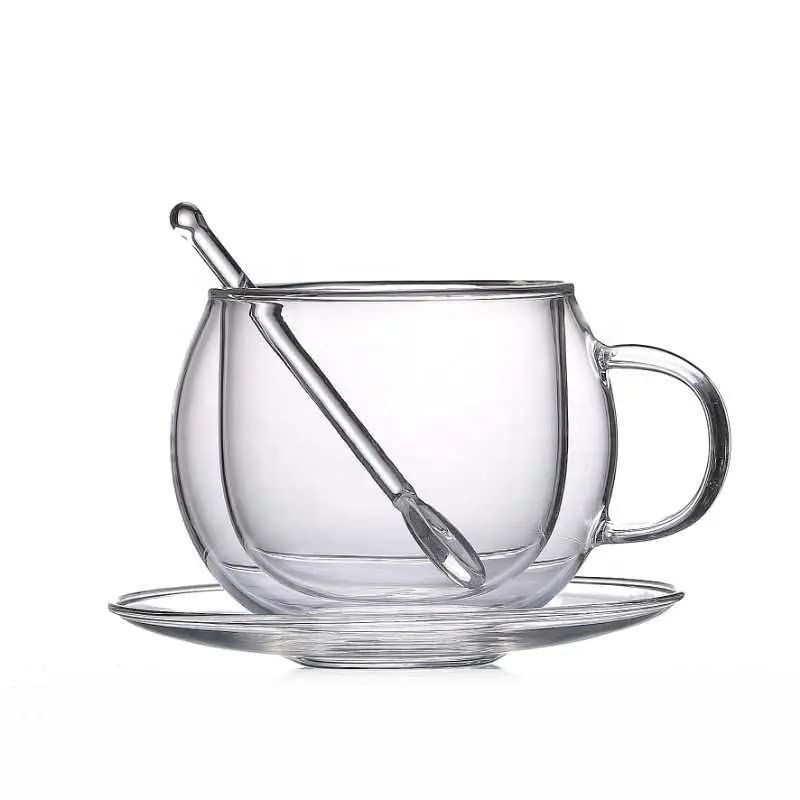 Double Wall Glass Coffee/Tea Mugs with Handle, Saucer and Glass Stirring Spoon- 8.7oz - Set of 2 - The Perfect Coffee/Tea Cups Affogato Cup