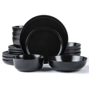 arora skugga round stoneware 16pc double bowl dinnerware set for 4, dinner plates, side plates, cereal bowls, pasta bowls - matte black (467586)