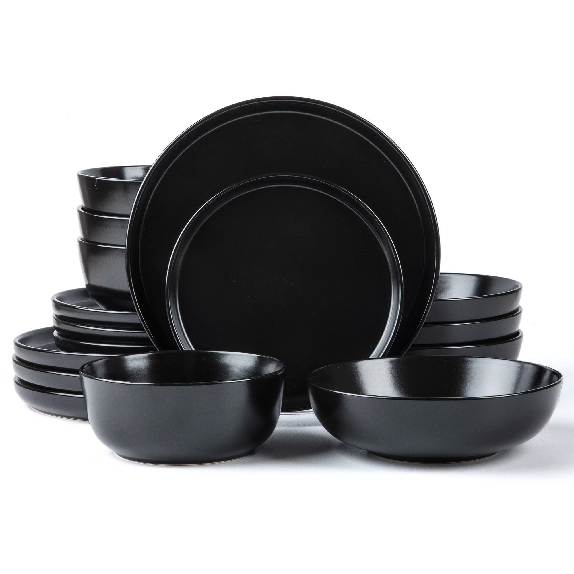 ARORA SKUGGA Round Stoneware 16pc Double Bowl Dinnerware Set for 4, Dinner Plates, Side Plates, Cereal Bowls, Pasta Bowls - Matte Black (467586)