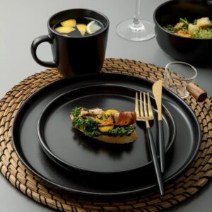 ARORA SKUGGA Round Stoneware 16pc Double Bowl Dinnerware Set for 4, Dinner Plates, Side Plates, Cereal Bowls, Pasta Bowls - Matte Black (467586)