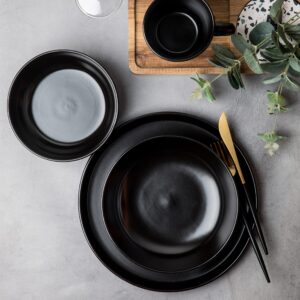 ARORA SKUGGA Round Stoneware 16pc Double Bowl Dinnerware Set for 4, Dinner Plates, Side Plates, Cereal Bowls, Pasta Bowls - Matte Black (467586)