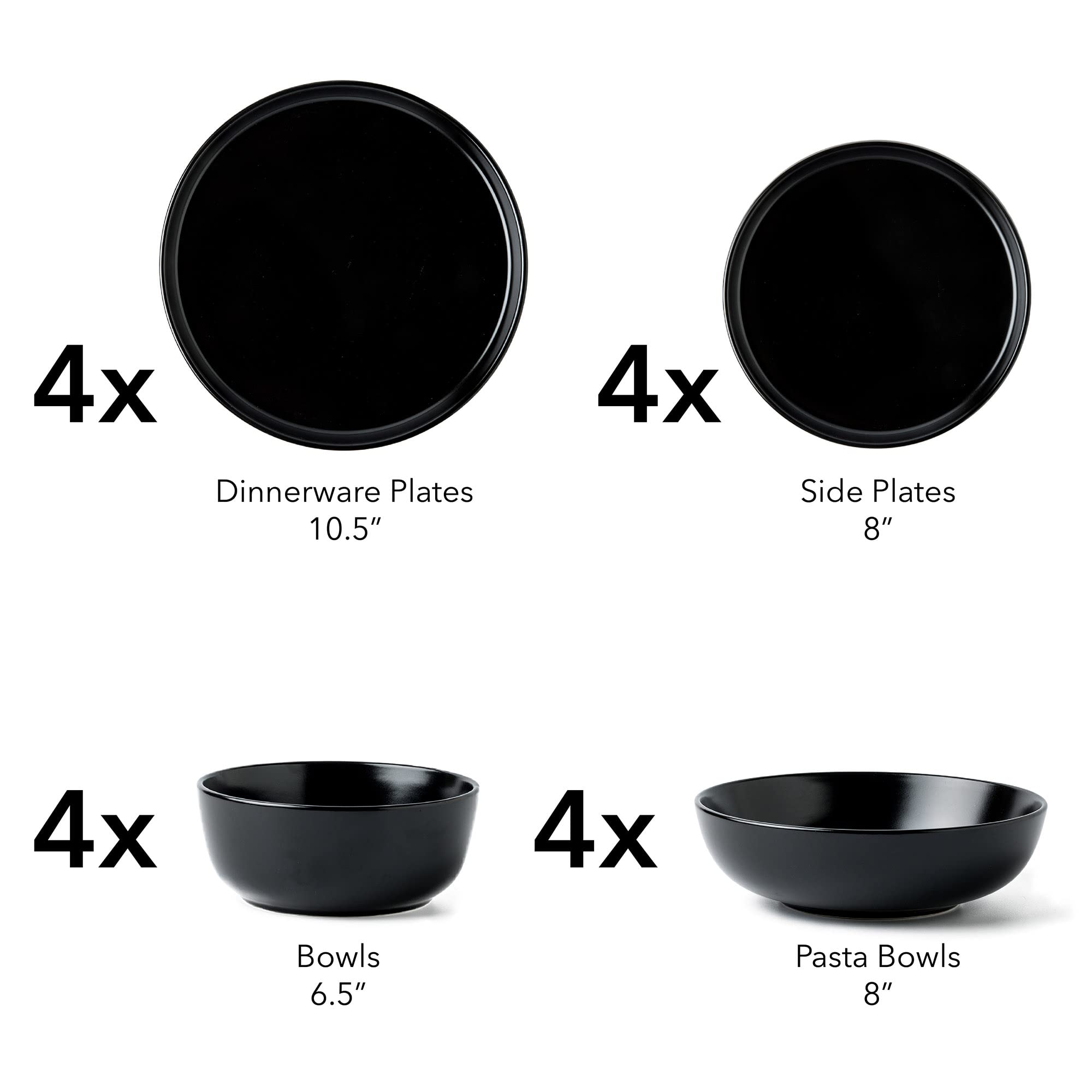 ARORA SKUGGA Round Stoneware 16pc Double Bowl Dinnerware Set for 4, Dinner Plates, Side Plates, Cereal Bowls, Pasta Bowls - Matte Black (467586)